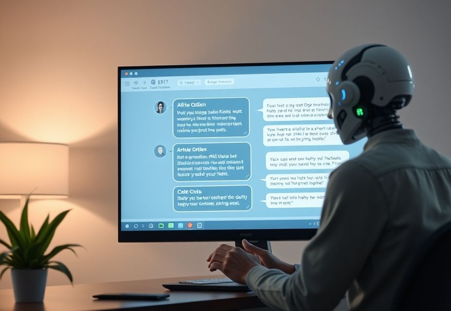 Ilustración: persona chateando con un chatbot de IA en la pantalla, generando un esquema de artículo, ideas creativas generadas, interfaz de usuario moderna