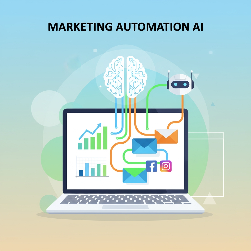 Ilustración moderna que representa la automatización del marketing con inteligencia artificial: gráficos, redes sociales y correos conectados automáticamente en un portátil.